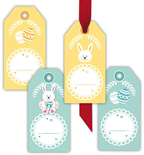 8 niedliche Oster Geschenkanhänger farbig, Papieranhänger, Hängeetiketten, Hangtag-Set Format 5,5 x 11cm mit Osterhasen, Ostereiern zum Beschriften • um Geschenke schöner zu schenken