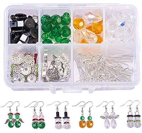 SUNNYCLUE 1 Box DIY Make 6 Pairs Christmas Earring Making Kit Crystal Teardrop Beads White Snowman Red Angel Glass Bead Christmas Tree Dangle for Women Beginners Earring Jewelry Making Crafts