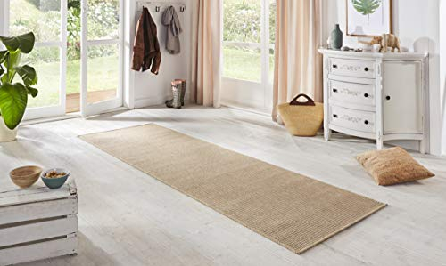 BT Carpet Nature Läufer In- und Outdoor – Schlingen Küchenläufer Rutschfest Flachgewebe Kurzflor Woll-Optik Fineloop Küchenteppich für Flur, Küche, Garten, Terrasse, Badezimmer – Naturbeige, 80x250cm