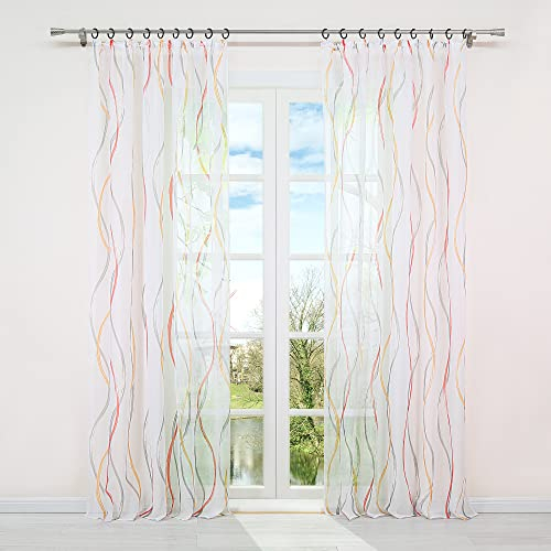 HongYa 1 Stück Voile Gardine Transparenter Vorhang mit Kräuselband Wellen Druck H/B 145/140 cm Bunt Orange