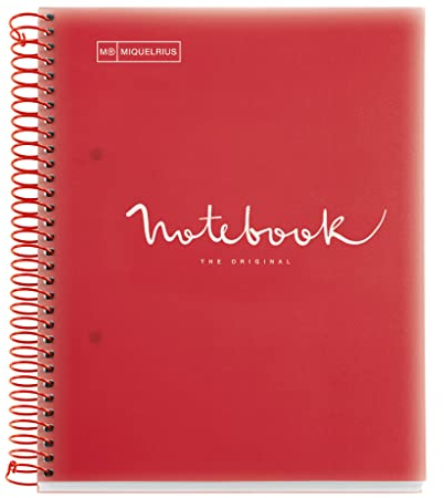 Miquelrius - Notizbuch A5 Notebook Emotions, 120 Blatt 90 g/m², Horizontale Streifen 7 mm, 5 Farbige Streifen, Mikroperforierte Spirale, Polypropyleneinband, Rot