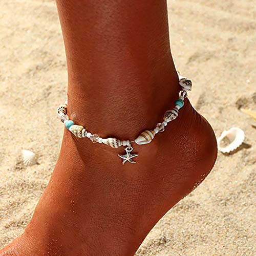 Zoestar Boho-Fußkettchen, SIlber, mit Türkis, Seestern, Muschel-Perlen, Armband, Fußschmuck für Damen und Mädchen
