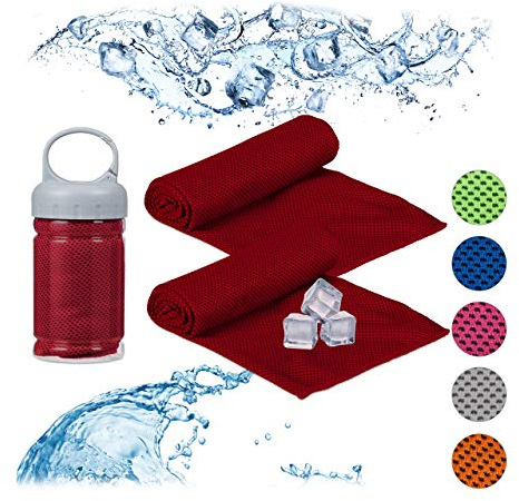 Relaxdays 2 x Kühlendes Handtuch, Mikrofaser, Kühltücher Hals, Sport & Fitness, mit Box, Kühlhandtuch Yoga, 90 x 30 cm, rot