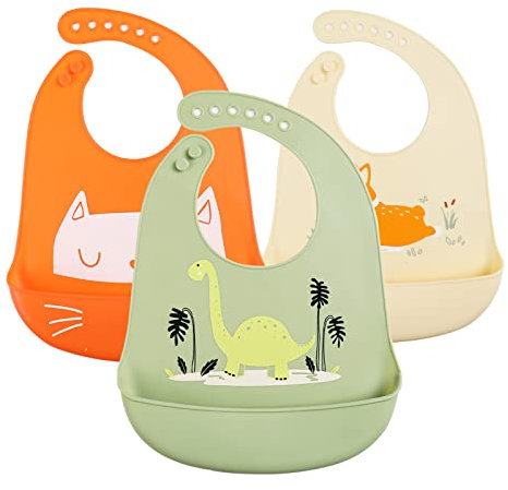 YINGJEE 3er Silikon Lätzchen Baby Wasserdichtes Lätzchen mit Auffangschale BPA Frei, Babylätzchen Einfache Reinigung, Wasserdicht für Babys Jungen und Mädchen