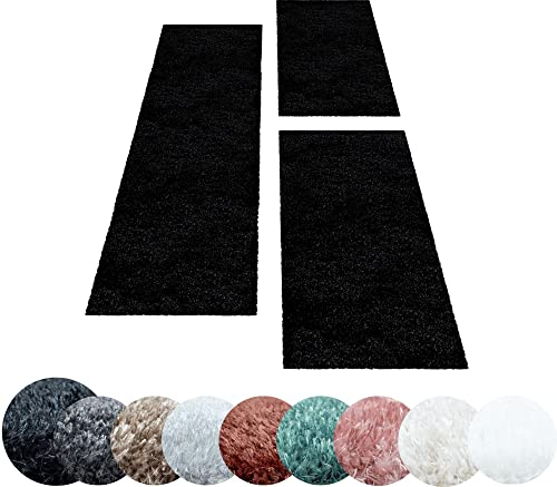HomebyHome Bettumrandung Schlafzimmer 3 teilig Teppich Schwarz - Waschbarer Bettumrandung Teppich Läufer Set Extra Flauschig Bettvorleger Schlafzimmer Bettset:Farbecht