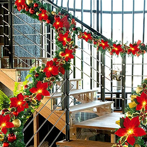 Weihnachtsgirlande mit Beleuchtung Innen, LED Lichterkette Weihnachtsbaum Batteriebetrieben, Weihnachtsgirlande Beleuchtet für Kamin Tür Treppe Fenster Balkon Girlande Weihnachten Beeren (C 2m)