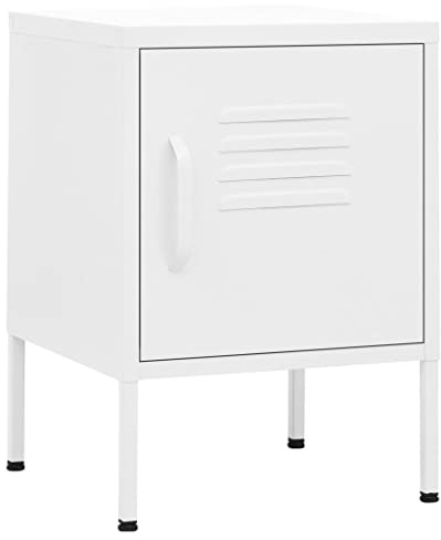 vidaXL Modern Steel Nightstand - White Side Table with a Lock, Adjustable Shelf, Levelers, 20 kg Shelf Loading Capacity