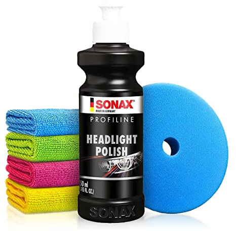 Autopolitur Set: Sonax Profiline HeadlightPolish Kunststoffpolitur (250ml) - Schleifpaste zur Auffrischung von vergilbten und vermatteten Scheinwerfern aus Kunststoff - Auto polieren | 6-tlg.