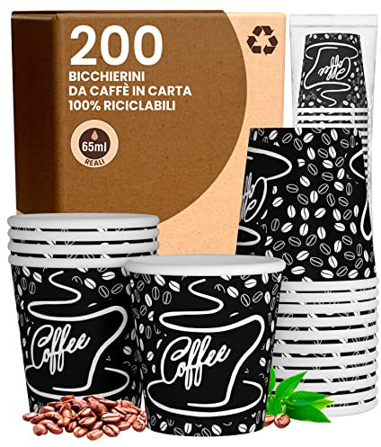 200 Bicchierini in Carta da caffè 65ml BlackCUP Bicchieri Ecologici Biodegradabili Monouso Piccoli Asporto Bevande Calde