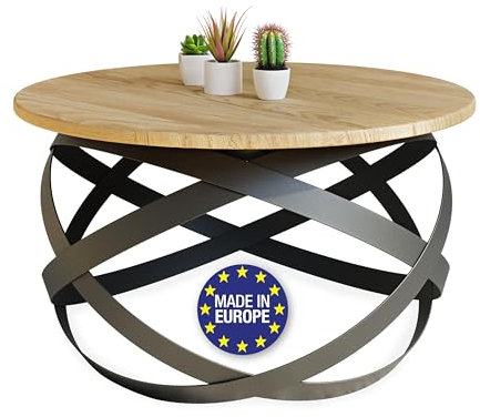 Lumarc Firenze, Couchtisch Rund aus Massivholz Eiche und Stahl Handgefertigt, Wohnzimmertisch, Coffee Table, Schwarz, 65x40 cm, Langlebig & Stilvoll