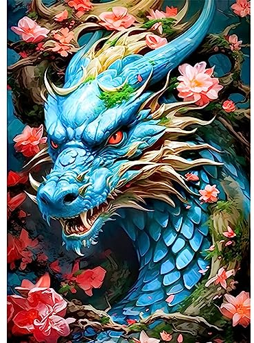 QENSPE 5D Diamond Painting Drache, Full Diamant Painting Bilder Drache Blume Diamond Art Erwachsene, DIY Diamant Kunst Malerei Stickerei Set Kreuzstich Bilder Home Wand Dekor 30x40cm