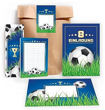 12 Einladungskarten zum 8. Kindergeburtstag Fußball Einladung Geburtstag Mädchen Kinder Jungs Jungen Boys Fussball Turnier incl. 12 Umschläge, 12 Tüten, 12 Aufkleber, 12 Lesezeichen, 12 Blöcke
