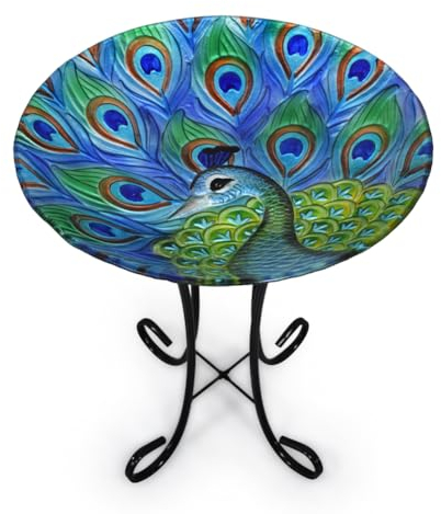 teyigarden Vogeltränke für den Außenbereich, Pfauen-Glas-Vogeltränke mit Metallständer, 45,7 cm große Vogeltränke für Garten, Terrasse, Hof, Dekoration