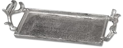 formano Aluminium Tablett 38 x 14cm Eckig mit Geweih-Griff Silber Serviertablett Deko-Schale Gehämmer Hirschgeweih Design Wohnzimmer Küche Bar Landhausstil