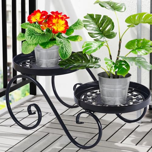 Santentre 2-Stufen Blumenständer, Rostschutzeisen Pflanzenständer Schwarz, Pflanzenregal für Mehrere Pflanzen, Rund Blumenbank für Innen Draußen, Blumenhocker Metall Pflanzenhocker für Garten Home