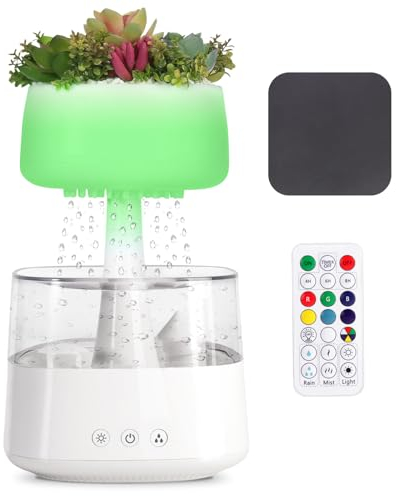 Regentropfen Luftbefeuchter Aromatherapie Diffusor 7 Farben Nachtlichter zur Auswahl Raumbefeuchter mit Fernbedienung und wasserdichte Matte für Schlafzimmer Büro Yoga