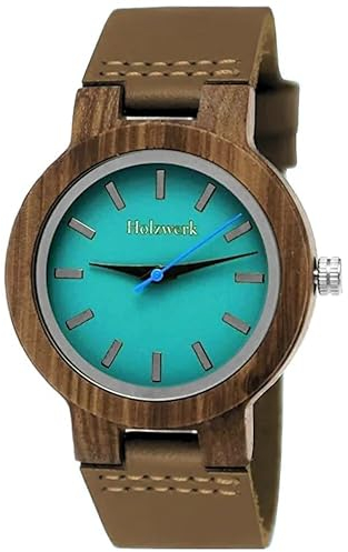 Holzwerk Germany Handgefertigte Designer Damen-Uhr Öko Natur Holz-Uhr Leder Armband-Uhr Analog Klassisch Quarz-Uhr in Blau Türkis Braun