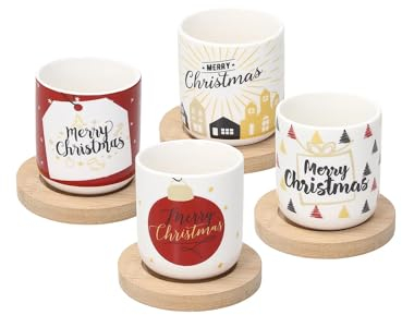 Avilia Set 4 Tazze con Piattino in Legno e Decorazione Natalizia - Set Tazzine da Caffè Natalizie con Sottobicchiere in Legno, in Porcellana e Legno, Tazzine da 90ml e Piattino da 11cm