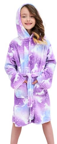 Piefry Morbido Accappatoio con Cappuccio per Bambine e Ragazze in Pile Vestaglia da Notte per Bambini (Unicorno Viola, 6-7 anni)