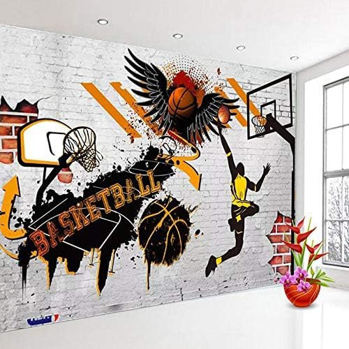XLMING Fond D’Écran Garçons Basketball Blanc Noir Jaune Graffiti Papier Peint Chambre Salon Tv Décor Maison Papier Peint 3D Chambre à Coucher Salle de Séjour Mural Murale-200cm×140cm