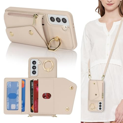 Lipvina Coque pour Samsung Galaxy S21 avec Cordon Porte Carte Coque zippé Portefeuille Femme Telephone Portable Réglable Collier Housse Étui avec Anneau pour Femmes - Blanc