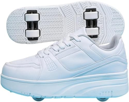 Schuhe Mit Rollen Für Jungen Mädchen, Kinder Rollschuhe Schuhe Mit 4 Rollen Turnschuhe Versenkbarer, 2-in-1 Roller Multifunktion Turnschuhe Skateboardschuhe Roller Skate (35EU,Weiß)