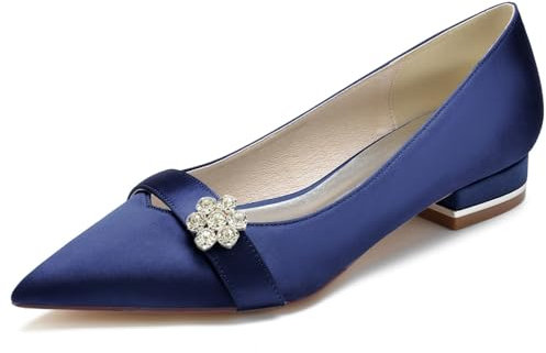 smlekwc Women's Comfort Flat Low Heel Ballet Pumps Pointed Toe Satin Bridal Shoes with Rhinestone Wedding Party Prom Slip-On Dress Shoes,Navy,9 UK