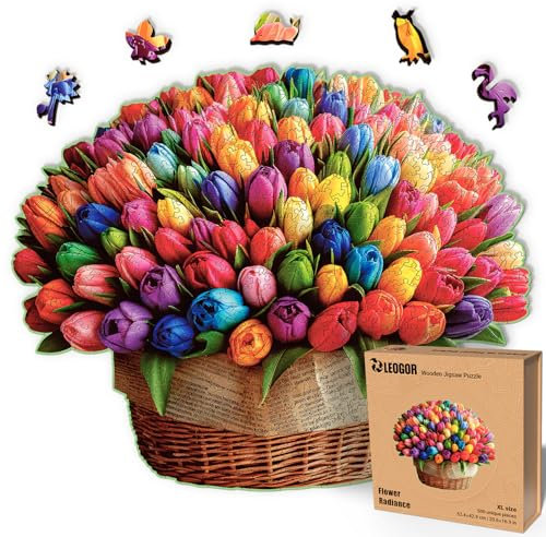 LEOGOR Holzpuzzle für Erwachsene 500 Teile (52,4 × 42,9 cm), Regenbogen-Blumenpuzzle, großes Tulpen-Mosaik-Holzpuzzle mit einzigartigen Tierformen, extra Dicke 5 mm Teile, Premium Geschenk für Frauen