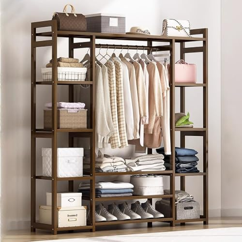 angrounps Garderobenständer aus Bambus, Offener Kleiderständer mit 13 Ablagen und 2 Kleiderstange,3 in 1 Freistehende Garderobe für Wohnzimmer Flur 170x30x150cm