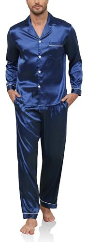 Reliwel Pigiama da Uomo in Raso Pigiama Uomo a Maniche Lunghe con Bottoni Set Pigiami Due Pezzi Classic Aperto Davanti Pigiami con Tasche e Pantaloni Lunghi Morbido