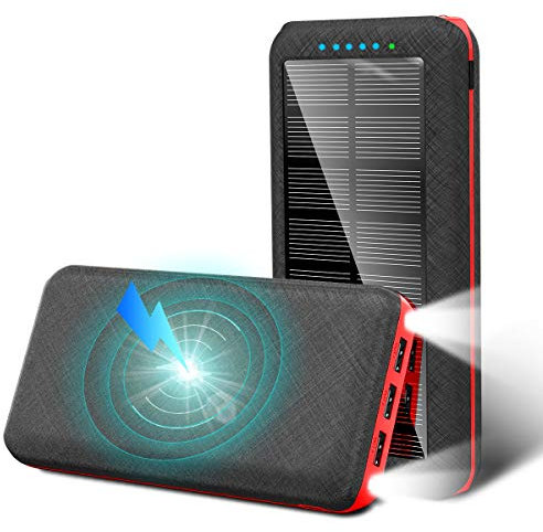 Power Bank 30000Mah Portable Charger, 3 Outputs 2 Input Solar Powerbank with LED Flashlight, 5W Wireless Charging External Battery Pack for Travel Camping Hiking,Red