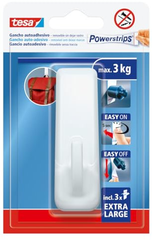 tesa Powerstrips Gancio Adesivo XL Rettangolare - Ganci Autoadesivi con Tenuta Extraforte - Ganci a Muro Riutilizzabili per Bagno e Cucina - Montaggio senza Forare - Bianco - 1 Gancio, 3 Powerstrips