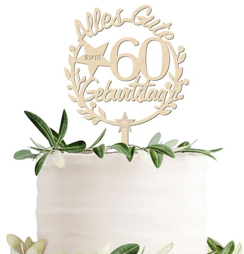 BOFUNX Alles Gute zum 60. Geburtstag Kuchen Topper Holz Kuchenstecker Geburtstag 60 Jahre Kuchendeko Tortendeko für Geburtstag Partydeko