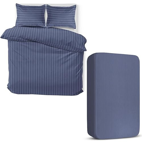 MOONLIGHT20015 4 Piece King Bedding Set Satin Stripes Duvet Cover Fitted Sheet with Pillow cases Hotel Quality Soft Brushed Microfiber Washed Blue