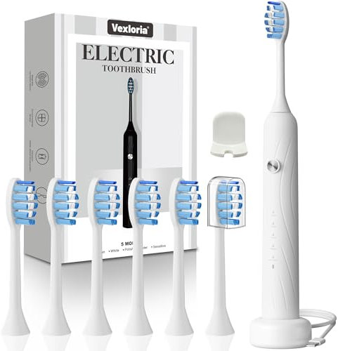 Vexloria Brosse à Dent Électrique Soniques, Brosse a Dent Electrique Adulte Enfant avec 6 Têtes de Brosse, 5 Modes et Minuterie, IPX7 Brosse à Dents Électrique Ultrasons pour Femmes Hommes (Blanc)
