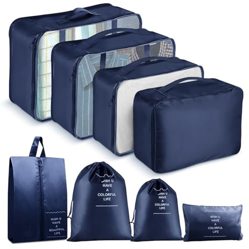 Koffer Organizer Set, 8 Teiliges Packing Cubes für Reise, Packwürfel für Koffer, Travel Organizer Suitcase Kleidertaschen Schuhbeutel Wäschebeute Kosmetiktasche, Travel Essentials-Navy Blue