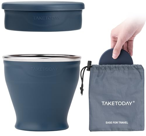 TakeToday Collapsible Travel Cup 8 Oz, Silicone Foldable Water Cup, BPA-Free with Lid & Waterproof Bag - Drinking Cup Set for Camping, Outdoors & International Travel, Navy