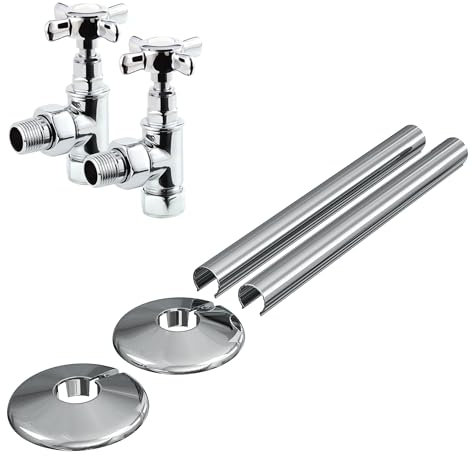 Manual Radiator Valve Crosshead Angled - 15mm x R 1/2 - Polished Chrome with Matching Clip-on Pipe Covers and Collars