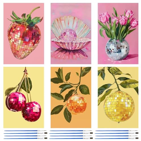 GAROMIA 6 Stück Malen Nach Zahlen Erwachsene Malen Nach Zahlen Obst Disco-Set DIY handgemaltes Ölgemälde mit Pinseln Adult Paint by on Canvas Without Frame für Home Decor Ohne Rahmen