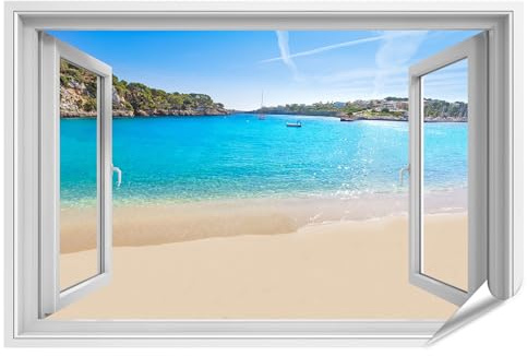 islandburner XXL Quadro Poster Finestra aperta con vista sulla spiaggia e sul mare Immagini Premium 130x90cm