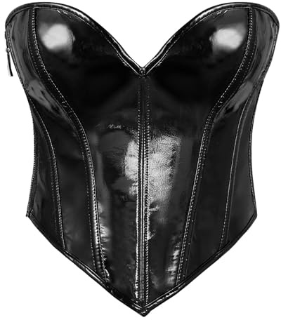 WERFORU Leder Korsett für Damen Kunstleder Corsage Trägerloses Korsett Top | Figurformendes Korsett aus glänzendem Kunstleder seitlicher Reißverschluss, trägerloses Design, ideal für Halloween, Karneval