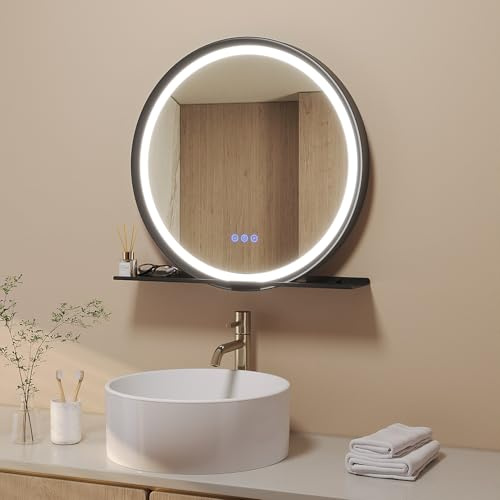 AQUABATOS Badspiegel Rund schwarz mit Beleuchtung und Ablage 60 cm Aluminium Rahmen Schrägdesign direkte LED-Beleuchtung 3 Lichtfarben Antibeschlag Touch dimmbar für Wandschalter