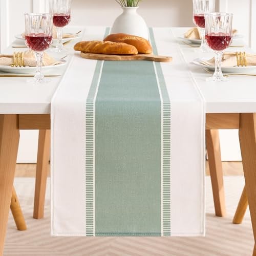 Tischläufer Modern Deko Frühling Salbeigrün Streifen 40x90, Tischband Abwaschbar aus Baumwoll-Leinen-Stoff, Kurz Table Runner Frühlingsdeko Tisch Läufer für Hochzeit Kommunion Geburtstag Taufe Party