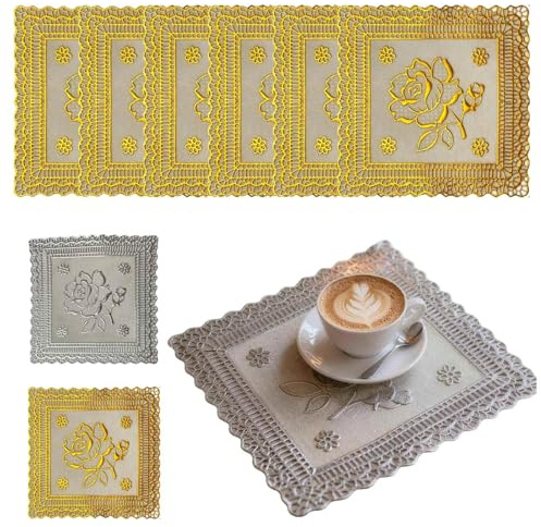ZFFKZ Untersetzer 12er Set 11cm – Gold Silber Durchbrochene Rosenspitzen | Vintage Rosenspitzen | Gold & Silber | Hitzebeständig & Abwischbar | Café & Zuhause | Stapelbar 11cm | Geschenkidee