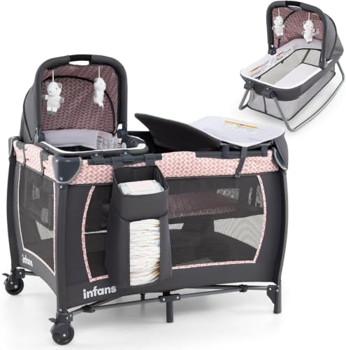 RELAX4LIFE 5 en 1 Cuna Bebé con Moisés, Cambiador, Colchón, Juguetes Colgantes, Bolsa de Transporte, y Ruedas con Frenos, Cuna de Viaje Portátil y Plegable para Bebé 0-36 Meses (Rosa)