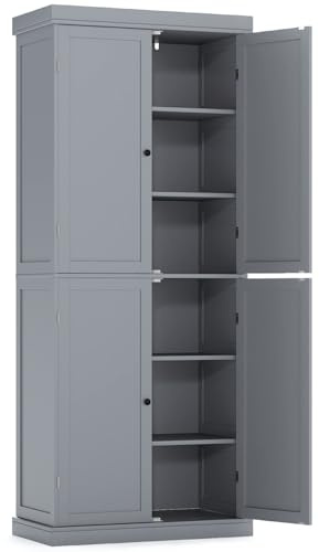 TANGZON 184cm Tall Kitchen Cupboard, 6-Tier Tall Storage Cabinet with 4 Doors & 2 Adjustable Shelves, Freestanding Wooden Sideboard Unit for Pantry Dining Living Room (Grey)