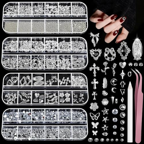 4 Boxes Silver Nail Charms and Gems Kit,Nail Gems Silver Rhinestones for Nails,3D Nail Art Accessories with Nail Gems,Bow Nail Charms,Nail Decorations for DIY Y2K Nail Art,Gift for Women and Girls