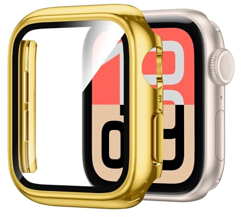 Kamita Impermeabile Custodia Compatibile con Apple Watch SE 3/SE2/SE/6/5/4 40mm, Duro PC Bumper Case con Protezione Dello Schermo in Vetro Temperato, Antiurto Copertura Protettiva per iWatch 40 (Oro)