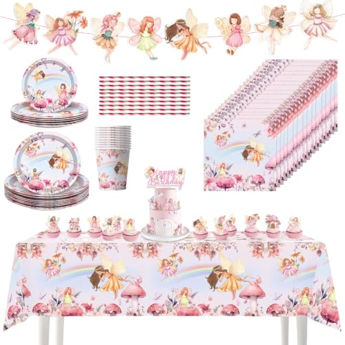 XoeLLe 84pcs Fairy Garden Accessories for Girls Birthday Tea Party | 25pcs Fairy Cake Decorations 20pcs Party Plates 20pcs Napkins 10pcs Cups 10pcs Straws Floral Tablecloths Birthday Banner