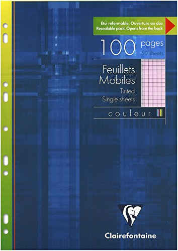 Clairefontaine 1742C Un Étui de feuillets Mobiles Perforés Rose - A4 21x29,7 cm - 100 Pages Petits Carreaux - Papier 90 g - Étui Réutilisable